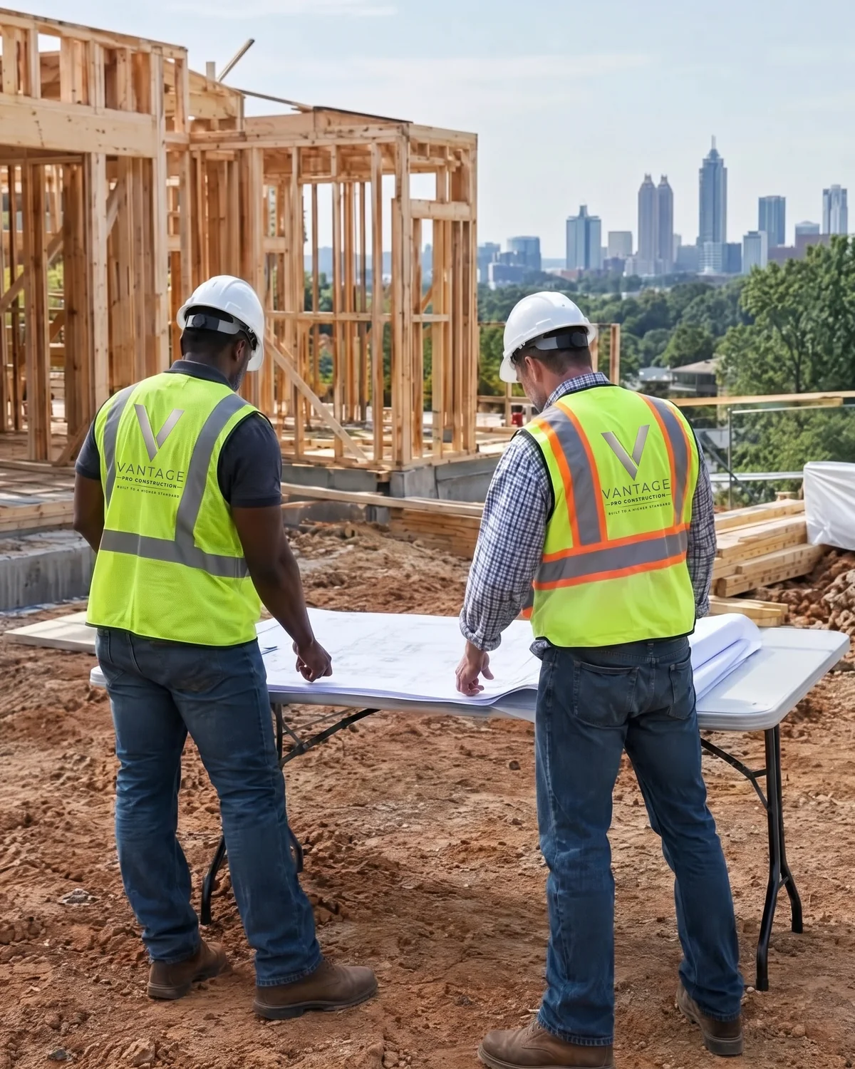 Two workers in hard hats and hi-vis vests with the Vantage Pro Construction logo printed on the back, looking at blueprints on a folding table at a timber framed site.