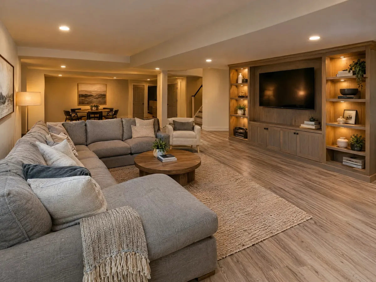 Finished basement living area with sectional sofa and built-in TV wall