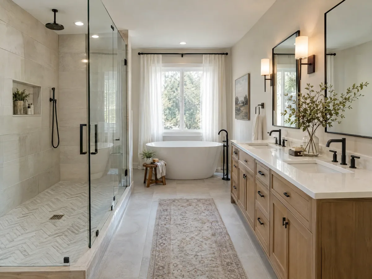 Finished bathroom with glass walk-in shower, freestanding tub and double vanity