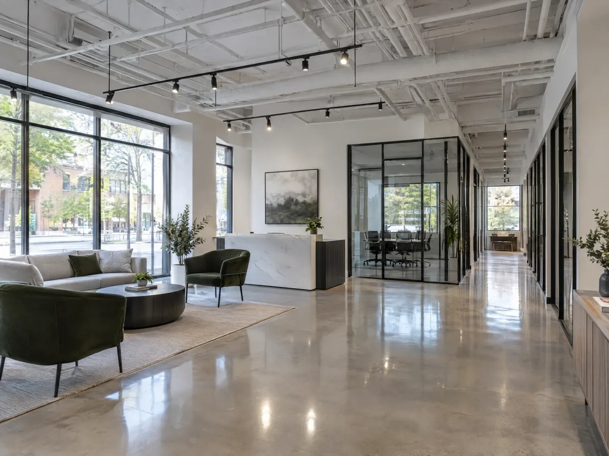 Finished commercial lobby with reception desk and glass-walled meeting room