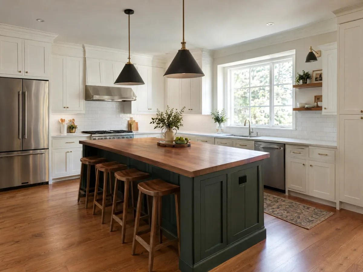 Finished kitchen with white cabinets, a dark green island with a butcher block top, pendant lights and stainless appliances