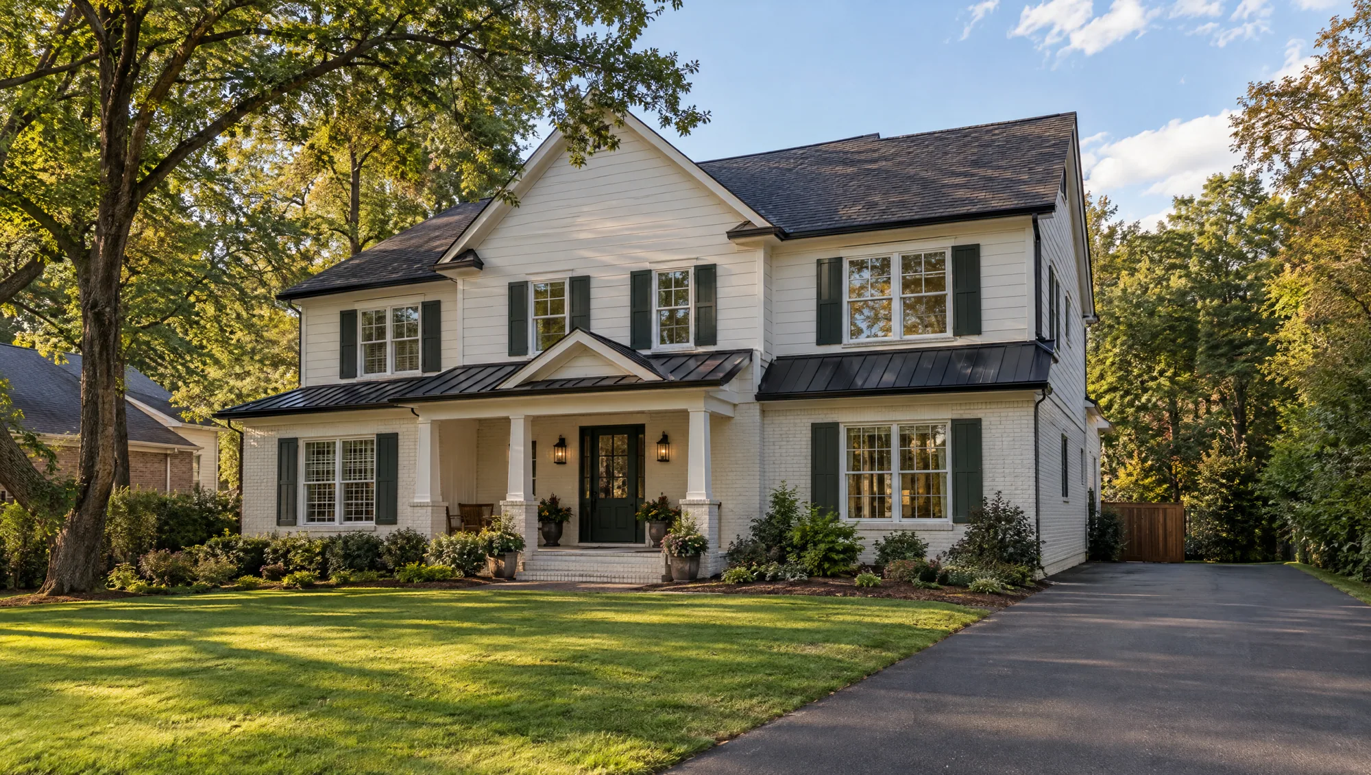 Rendering of a white two storey home with black shutters, a covered front porch, a driveway and a green lawn.