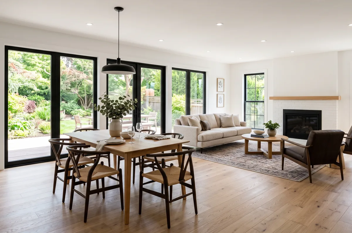Finished open living and dining room with wide oak floors, white walls, black framed windows and doors, a white brick fireplace and a dining table with six chairs.